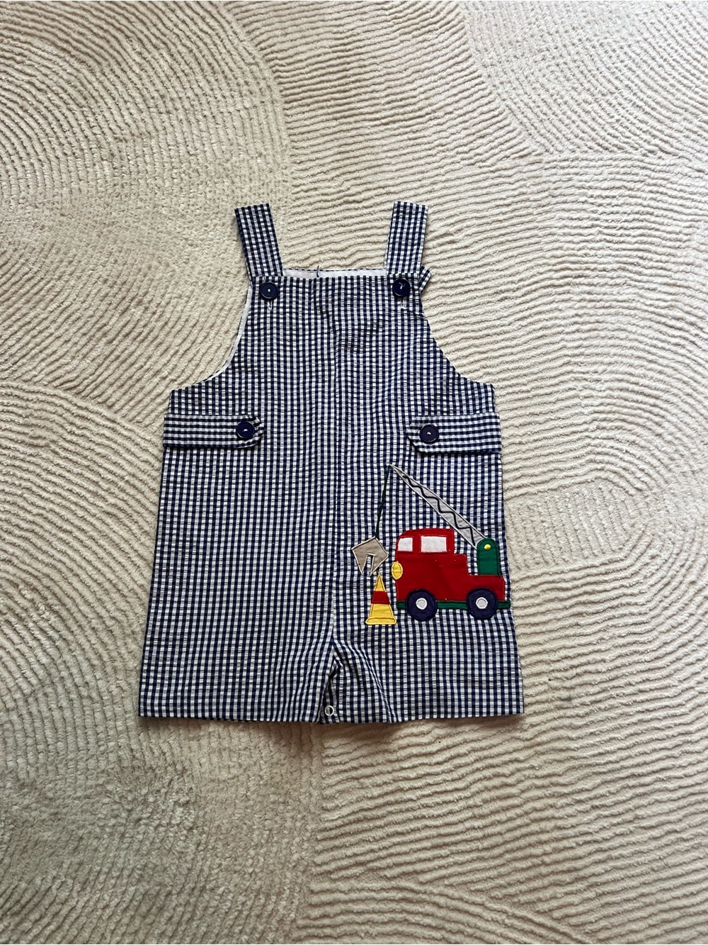 Toddler Navy Gingham Overalls with Fire Truck Appliqué